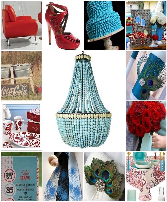 inspiration board red and turquoise feathers blue